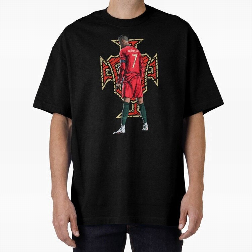 Cristiano Ronaldo Portugal Logo Oversized T-Shirt Show Your Love for FIFA World Cup 2026 Spirit, Highlighting Spain, CR7 and Messi, Vintage Soccer Flavor, Modern Football Stars, National Flags and Final Night Emotion; Perfect for People Who Love