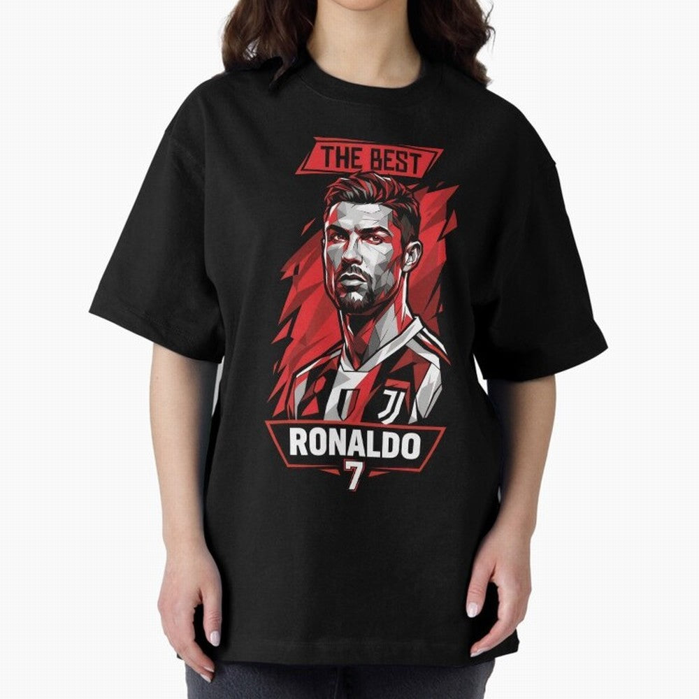 Cristiano Ronaldo CR7 Geometric Vector Portrait Oversized T-Shirt Represent Football Lovers during Global Football Passion for FIFA World Cup 2026 USA Canada Mexico, Centered on CR7 and Messi, Spain, Championship Spirit, Famous Goals, Roaring