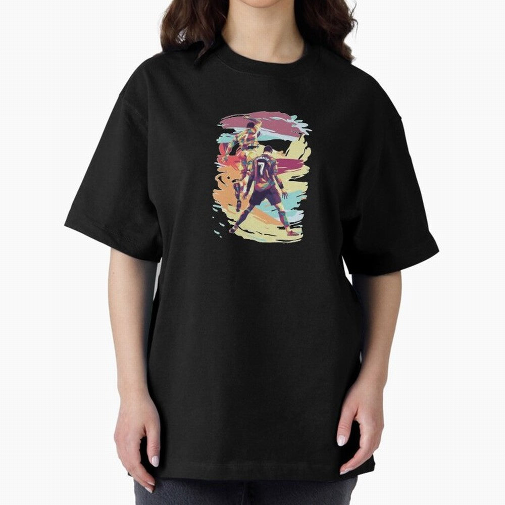 Illustration Cristiano Ronaldo CR7 Oversized T-Shirt Support Your Favorite Stars during FIFA World Cup 2026 USA Canada Mexico for Fans of Mbappe and England, Bringing Classic Soccer Heritage, Championship Pressure, Fan Loyalty and International