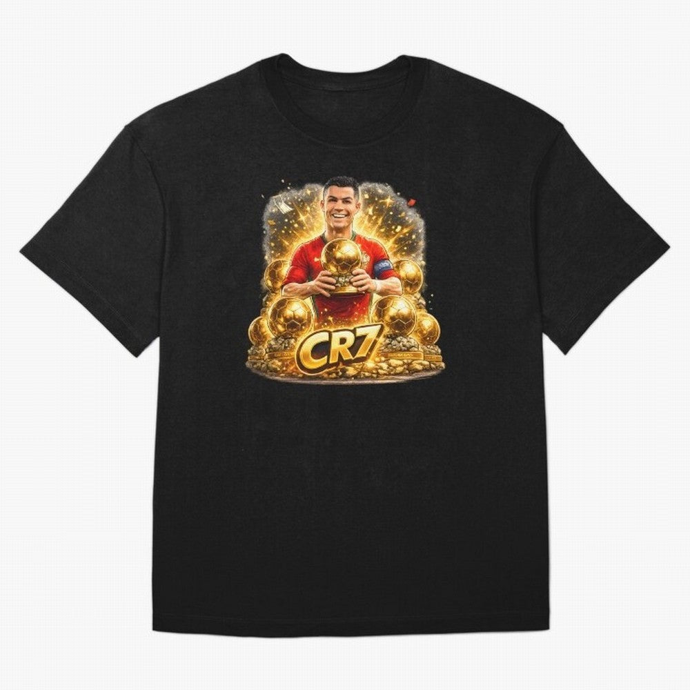 CR7 Five Ballon d'Or Trophies Cartoon ¨C Football Legend Illustration Oversized T-Shirt Show Love for Legendary Goals in FIFA World Cup 2026 USA Canada Mexico Filled with Haaland and Mbappe, Brazil Energy, Football Festival Excitement, Trophy