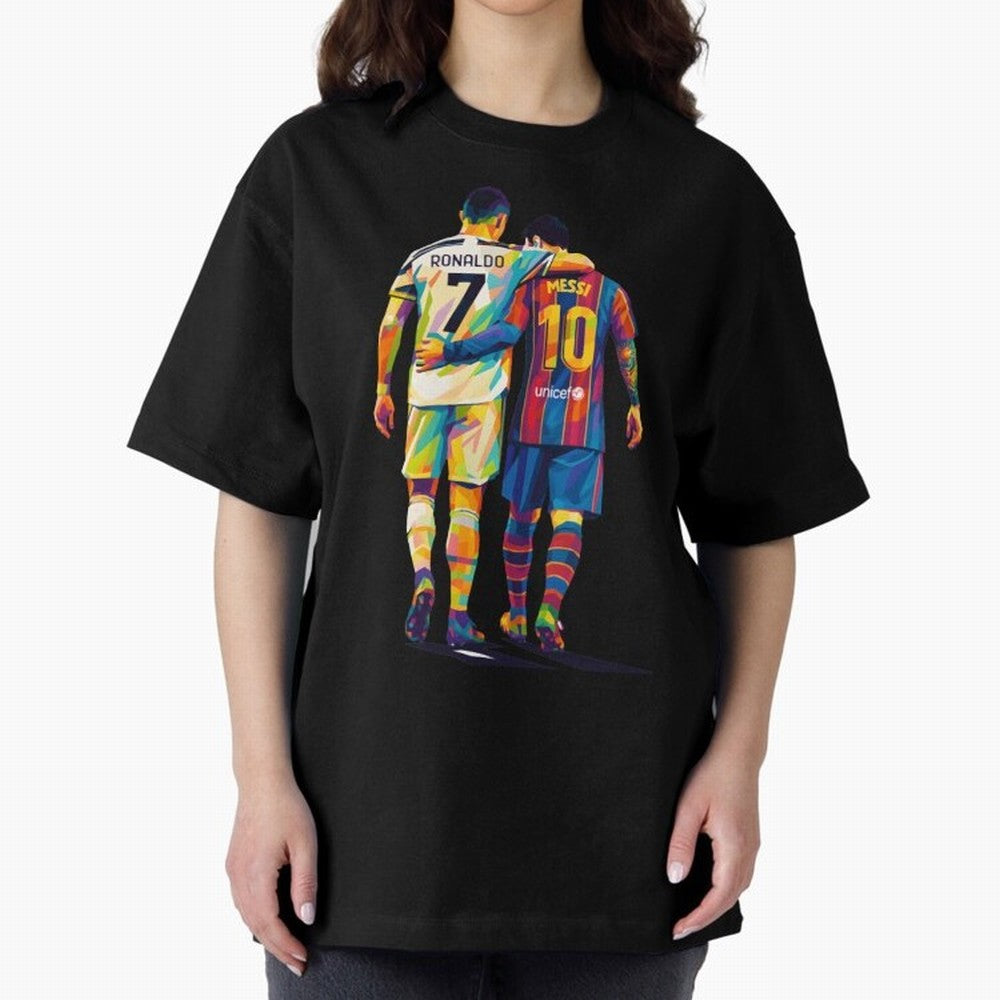 Cristiano Ronaldo and Messi Wpap Art Oversized T-Shirt Celebrate the Magic of the FIFA World Cup 2026 Group Stage Journey through Messi, CR7 and Mbappe Highlights, Brazil, Portugal and Argentina Pride, Football History, Final Match Energy, Crowd