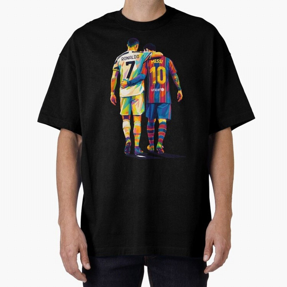 Cristiano Ronaldo and Messi Wpap Art Oversized T-Shirt Celebrate the Magic of the FIFA World Cup 2026 Group Stage Journey through Messi, CR7 and Mbappe Highlights, Brazil, Portugal and Argentina Pride, Football History, Final Match Energy, Crowd