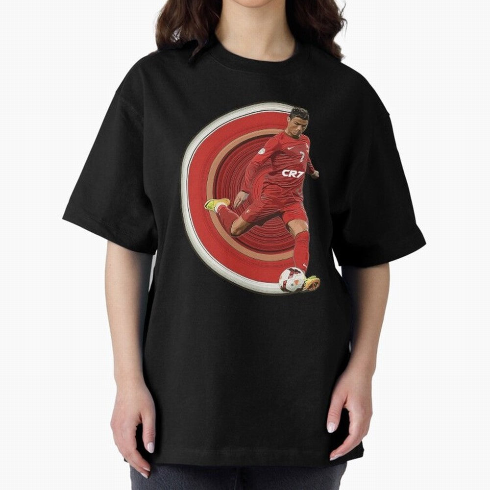 Cristiano Ronaldo Circular Pixel Art Oversized T-Shirt Relive Global Football Passion for FIFA World Cup 2026, Capturing Cristiano Ronaldo, Spain and Netherlands, Retro Football Energy, Iconic Rivalries, Trophy Chase Drama and Stadium Atmosphere;