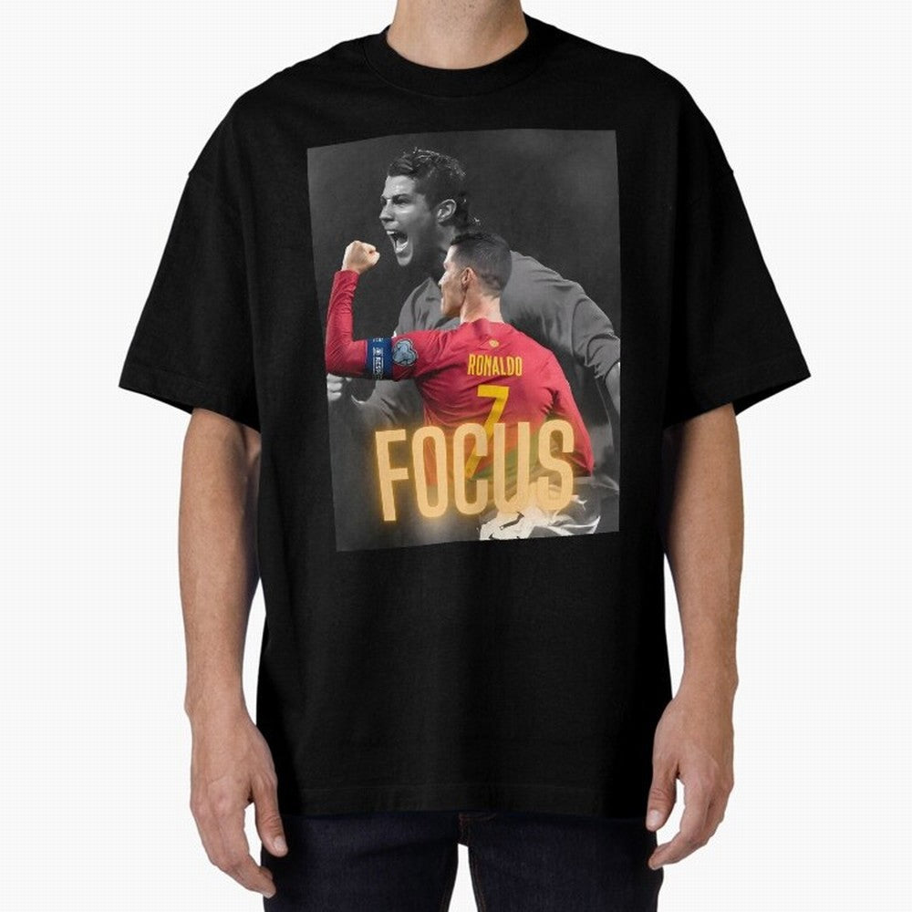 Focus With CR7 Oversized T-Shirt Honor the Beautiful Game during Global Football Passion for FIFA World Cup 2026 Group Stage, Made for Mbappe, Portugal, Spain and Germany, Vintage Soccer Flavor, Modern Football Stars, National Flags and Final Night