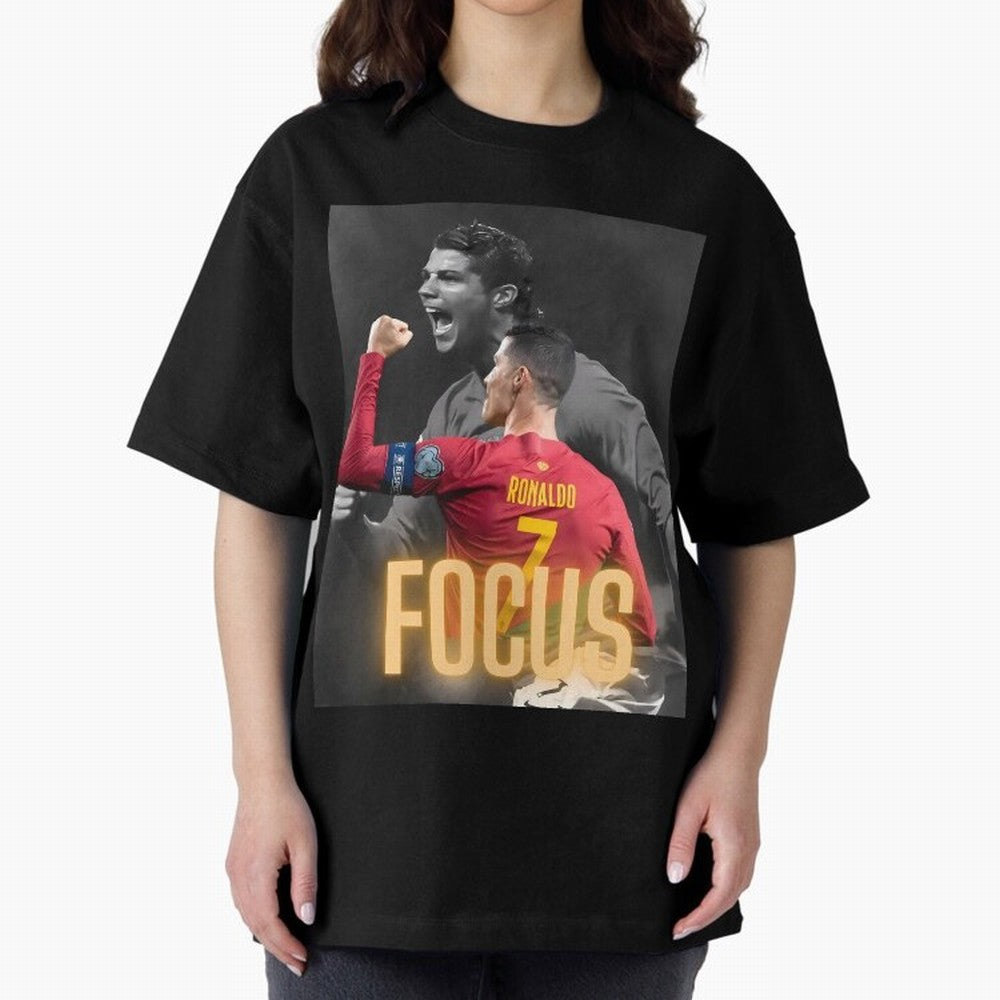 Focus With CR7 Oversized T-Shirt Honor the Beautiful Game during Global Football Passion for FIFA World Cup 2026 Group Stage, Made for Mbappe, Portugal, Spain and Germany, Vintage Soccer Flavor, Modern Football Stars, National Flags and Final Night