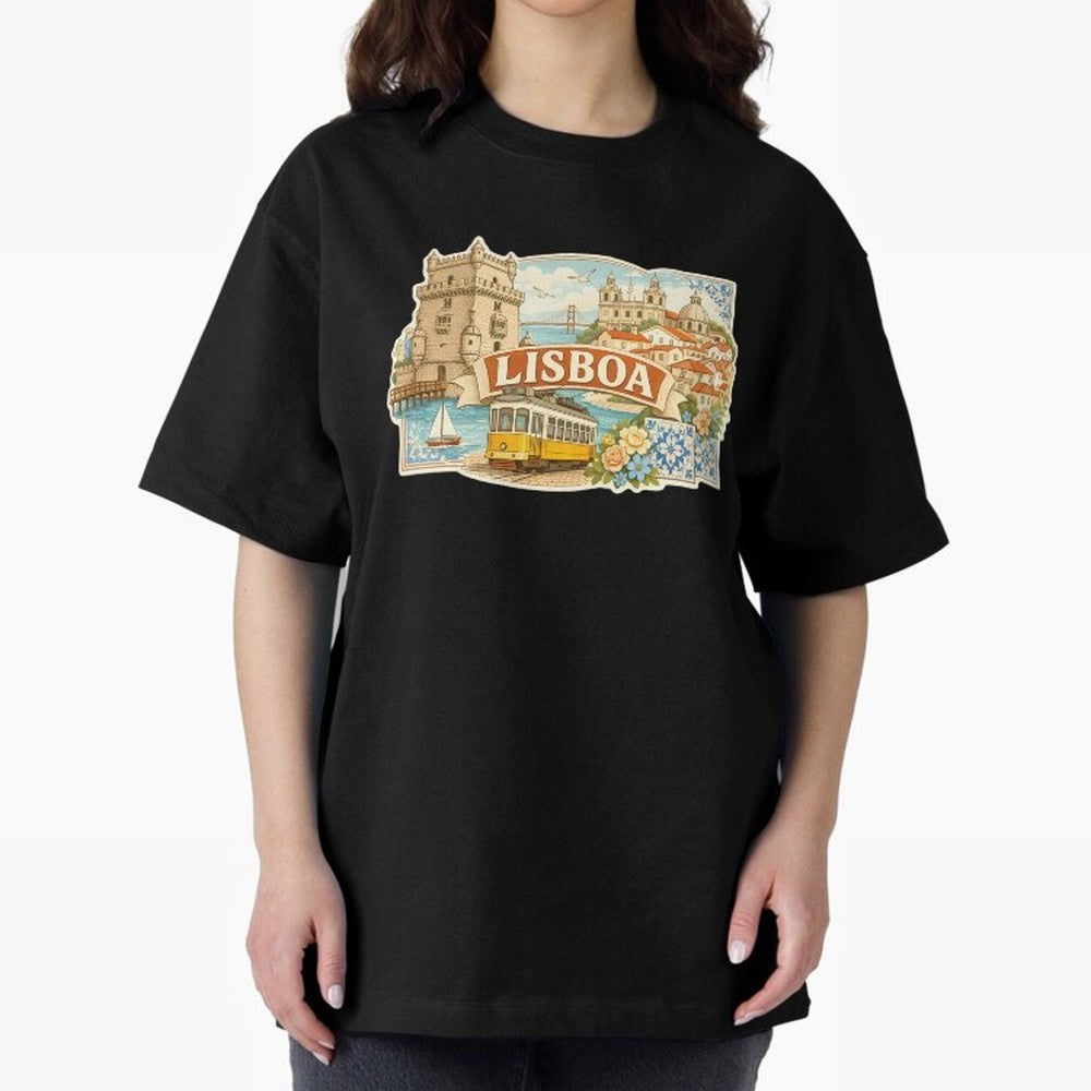 Vintage Tram Lisbon Illustration Oversized T-Shirt Show Match Day Excitement for FIFA World Cup 2026 Group Stage Spirit, Connected to Brazil, CR7, Classic Soccer Heritage, Championship Pressure, Fan Loyalty and International Pride; Built for