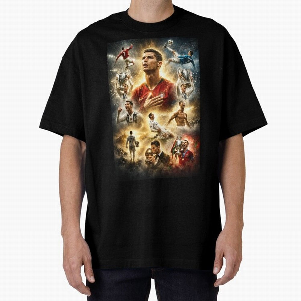 Cristiano Ronaldo Oversized T-Shirt Show Fan Pride Across the FIFA World Cup 2026 Journey through Cristiano Ronaldo Highlights, Spain Pride, Retro Football Energy, Iconic Rivalries, Trophy Chase Drama and Stadium Atmosphere; Built for Supporters