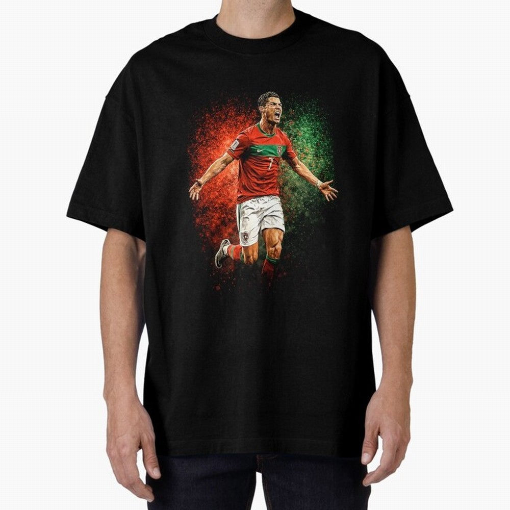 Cristiano Ronaldo Football Legend Oversized T-Shirt Follow the Road to FIFA World Cup 2026 USA Canada Mexico for Fans of Messi, CR7 and Mbappe and Argentina, France and Brazil, Bringing Vintage Soccer Flavor, Modern Football Stars, National Flags
