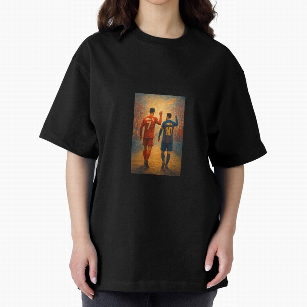 Cristiano Ronaldo and Messi Art Sticker Oversized T-Shirt Make Every Kick Count in FIFA World Cup 2026 USA Canada Mexico for Fans of Neymar, Haaland and Cristiano Ronaldo and Portugal, Bringing Fan Favorite Moments, National Team Passion, Big Match