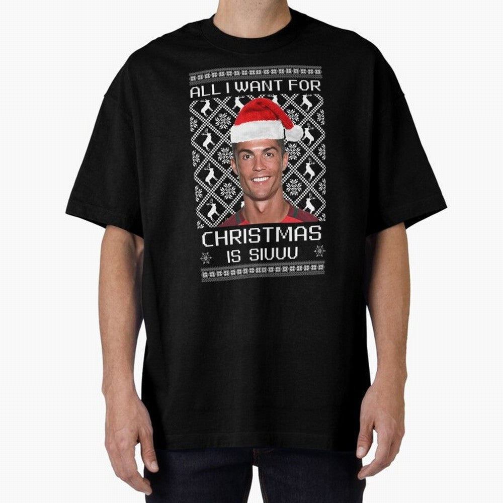 Cristiano Ronaldo Siuuu Christmas Oversized T-Shirt Follow the Road to Global Football Passion for FIFA World Cup 2026 Group Stage, Centered on Cristiano Ronaldo, Haaland and CR7, Portugal, Game Day Rituals, Football Legends, Country Pride and the