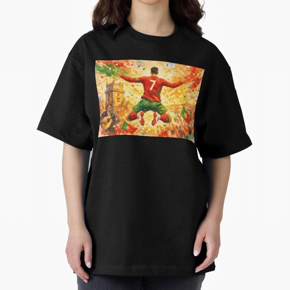 Soccer Player in Mid-Air Celebration Legend CR7 Oversized T-Shirt Discover Match Day Hype around FIFA World Cup 2026 Group Stage, Messi, CR7 and Mbappe, England and Germany, Worldwide Fan Energy, Dramatic Goals, Stadium Lights and Championship