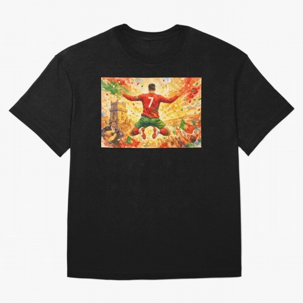 Soccer Player in Mid-Air Celebration Legend CR7 Oversized T-Shirt Discover Match Day Hype around FIFA World Cup 2026 Group Stage, Messi, CR7 and Mbappe, England and Germany, Worldwide Fan Energy, Dramatic Goals, Stadium Lights and Championship