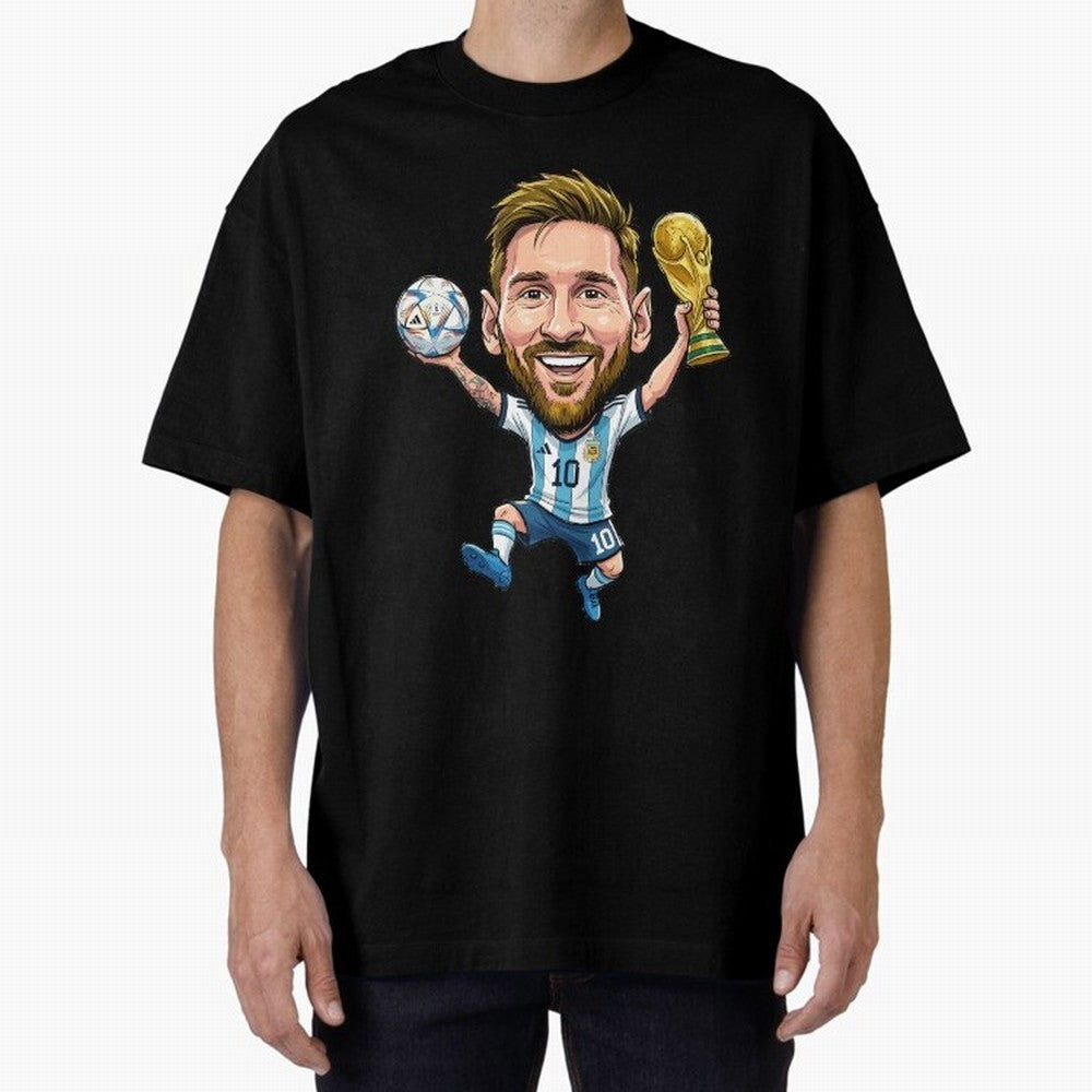 Messi Campion Caricatur Oversized T-Shirt Feel the Trophy Chase of Global Football Passion for FIFA World Cup 2026 USA Canada Mexico, Connected to Haaland, England, Fan Favorite Moments, National Team Passion, Big Match Drama and Soccer History;