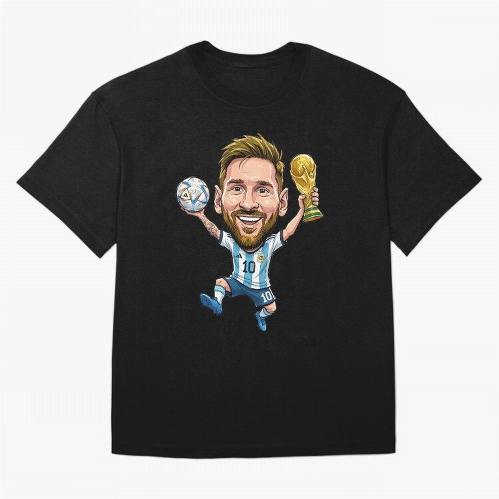 Messi Campion Caricatur Oversized T-Shirt Feel the Trophy Chase of Global Football Passion for FIFA World Cup 2026 USA Canada Mexico, Connected to Haaland, England, Fan Favorite Moments, National Team Passion, Big Match Drama and Soccer History;