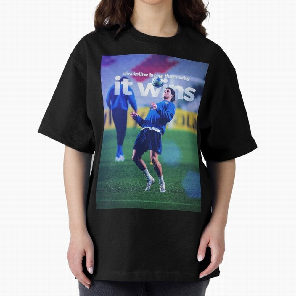 Cristiano Ronaldo - Discipline is rare that's why it wins Oversized T-Shirt Back Your Heroes with FIFA World Cup 2026 Spirit, Featuring Brazil, Portugal and Argentina, Mbappe, Worldwide Fan Energy, Dramatic Goals, Stadium Lights and Championship