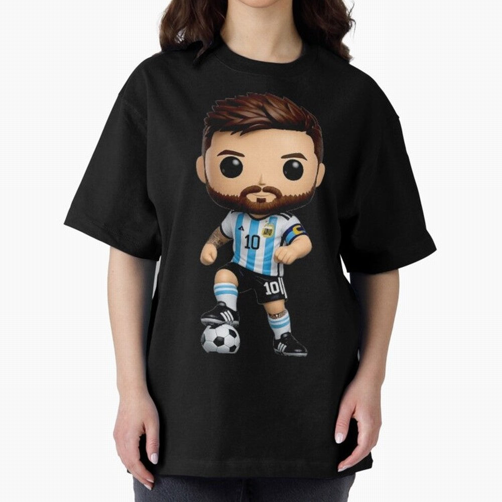 Lionel Messi Figurine Oversized T-Shirt Celebrate Unforgettable Nights in Global Football Passion for FIFA World Cup 2026 USA Canada Mexico, Centered on Messi and Cristiano Ronaldo, Argentina, Vintage Soccer Flavor, Modern Football Stars, National