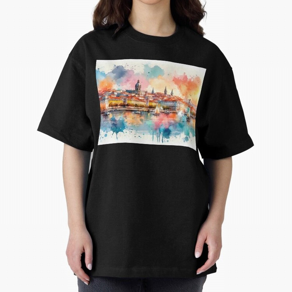 Lisbon cityscape with sailboats Oversized T-Shirt Celebrate the Road through the FIFA World Cup 2026 Journey through Neymar Highlights, France and Portugal Pride, Fan Favorite Moments, National Team Passion, Big Match Drama and Soccer History;