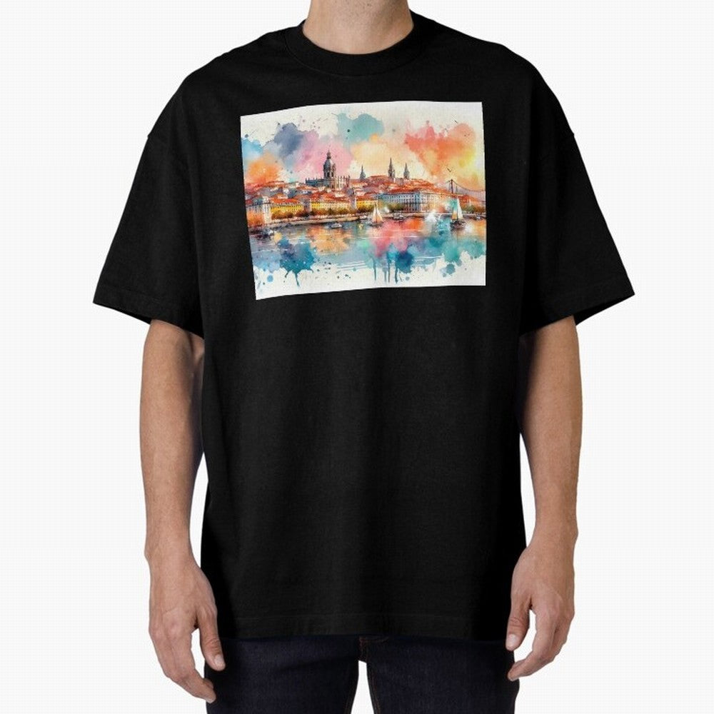 Lisbon cityscape with sailboats Oversized T-Shirt Celebrate the Road through the FIFA World Cup 2026 Journey through Neymar Highlights, France and Portugal Pride, Fan Favorite Moments, National Team Passion, Big Match Drama and Soccer History;