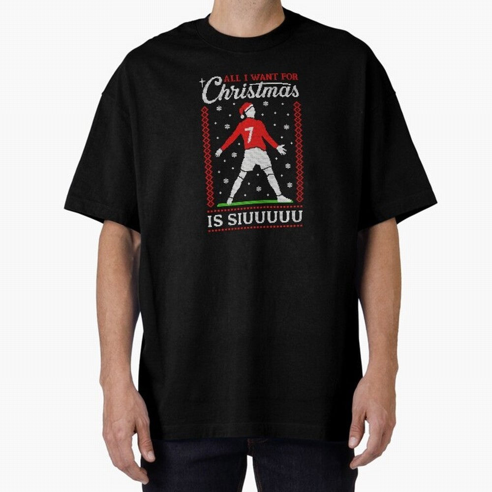 All I Want For Christmas Is Siuu Funny Christmas Festive Knitted Oversized T-Shirt Keep the Legacy of Global Football Passion for FIFA World Cup 2026 USA Canada Mexico, Featuring Messi, Neymar and Mbappe, England, France and Netherlands, Stadium