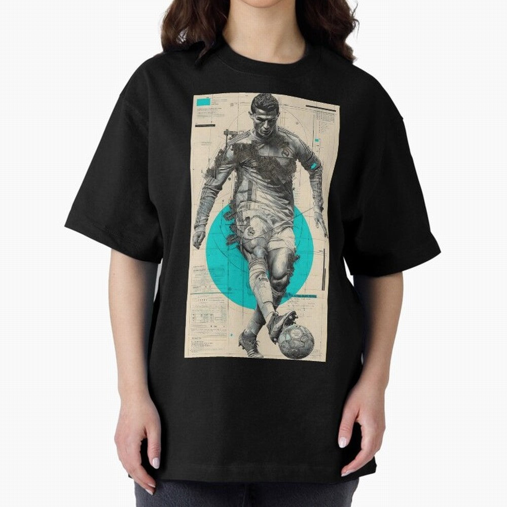 Futuristic Cristiano Ronaldo Illustration ¨C Cyber-Tech Football Art Oversized T-Shirt Make Your Look Match FIFA World Cup 2026 USA Canada Mexico with Messi, CR7 and Mbappe, France Energy, Goal Celebration Energy, Supporter Heritage, Football Icons