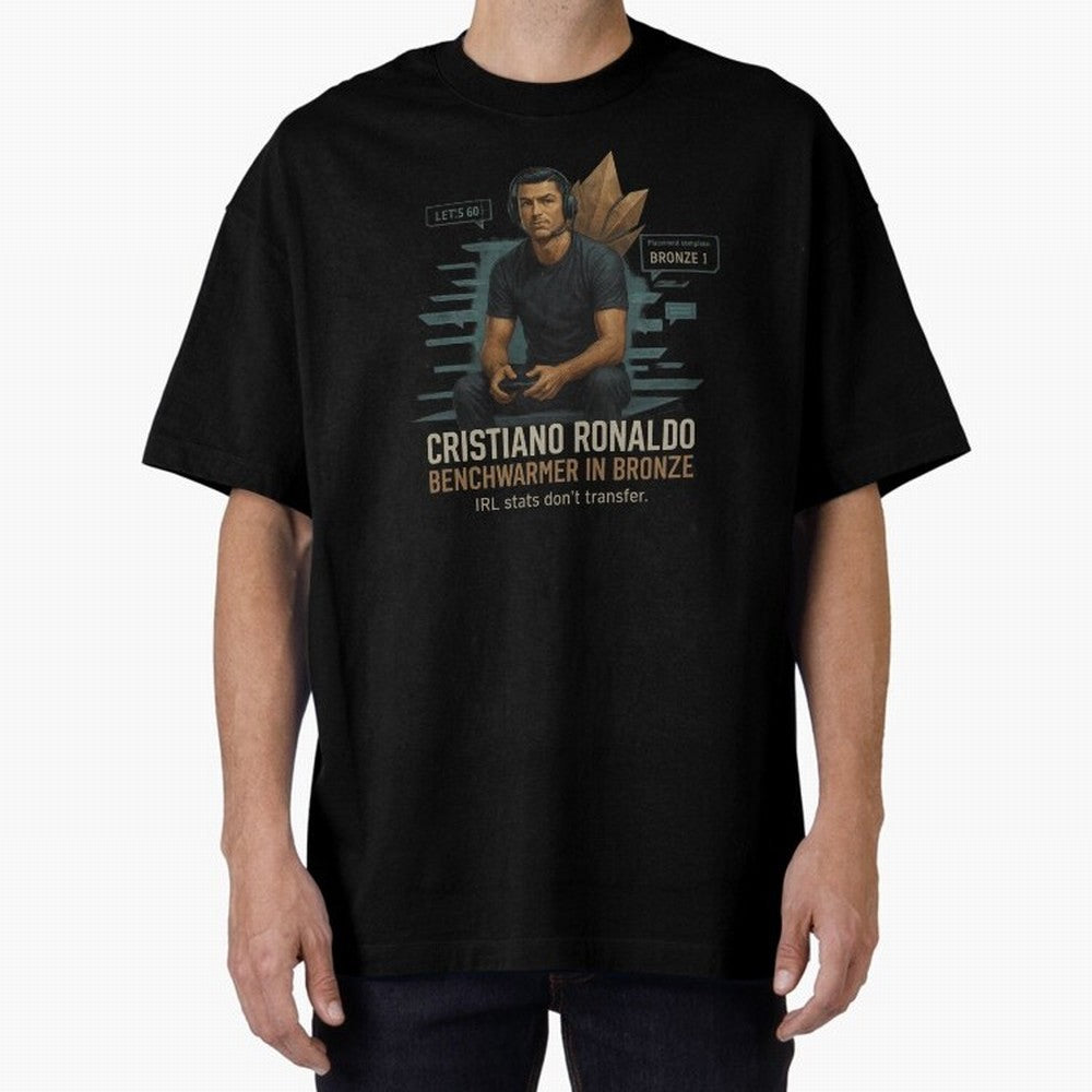 Cristiano Ronaldo Bronze Gamer ¨C Benchwarmers IRL Stats Don¡¯t Transfer Oversized T-Shirt Keep Football History Alive during Global Football Passion for FIFA World Cup 2026 Group Stage, Built around Messi, CR7 and Mbappe, Argentina, France and