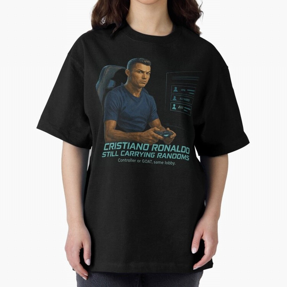 Cristiano Gamer Mode ¡ª Still Carrying Randoms Oversized T-Shirt Refresh FIFA World Cup 2026 Group Stage Spirit, Filled with England, Cristiano Ronaldo, Haaland and CR7, Sports Nostalgia, International Competition, Famous Players and Unforgettable