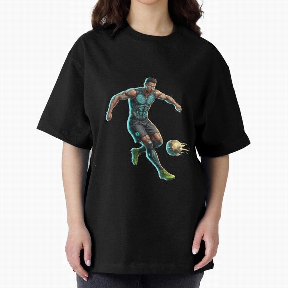 Cyberpunk Cristiano Ronaldo: Futuristic CR7 Kicking Glowing Soccer Ball Fan Art Oversized T-Shirt Show Your Tournament Heart for the FIFA World Cup 2026 Journey through Messi, Neymar and Mbappe Highlights, Argentina, France and Brazil Pride,