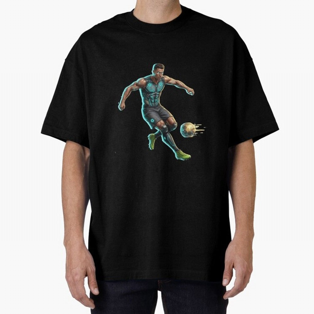 Cyberpunk Cristiano Ronaldo: Futuristic CR7 Kicking Glowing Soccer Ball Fan Art Oversized T-Shirt Show Your Tournament Heart for the FIFA World Cup 2026 Journey through Messi, Neymar and Mbappe Highlights, Argentina, France and Brazil Pride,