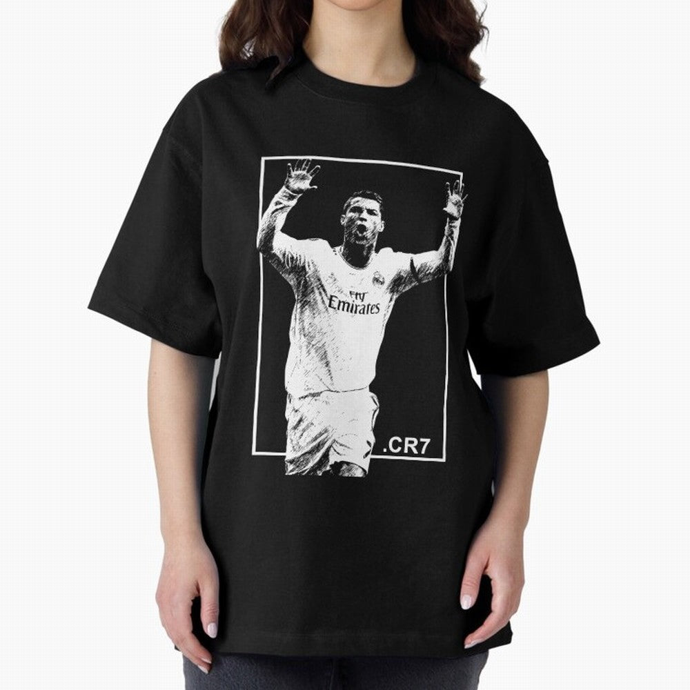 Cristiano Ronaldo CR7 in Black and White Design Oversized T-Shirt Follow the Road to the FIFA World Cup 2026 USA Canada Mexico Journey through Messi, Neymar and Mbappe Highlights, Portugal, Spain and Germany Pride, Football Passion, Legendary