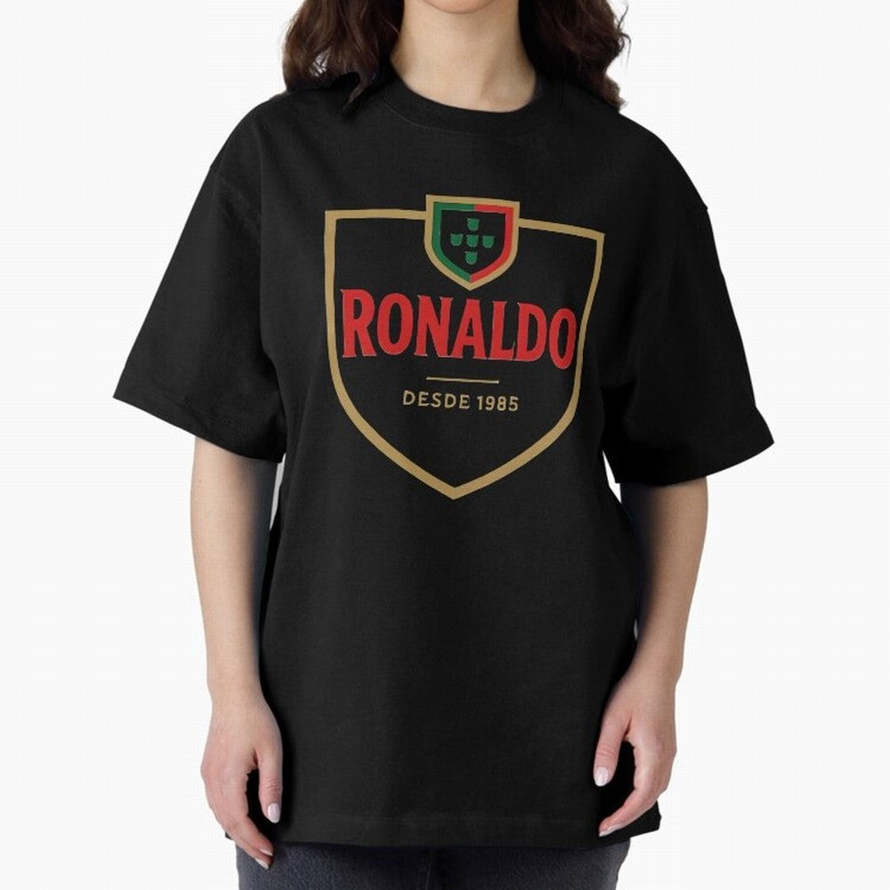 Ronaldo Emblem Sticker ¨C Gold Crest Parody Design Oversized T-Shirt Show Your Love for the FIFA World Cup 2026 USA Canada Mexico Journey through Messi Highlights, England Pride, Classic Soccer Heritage, Championship Pressure, Fan Loyalty and