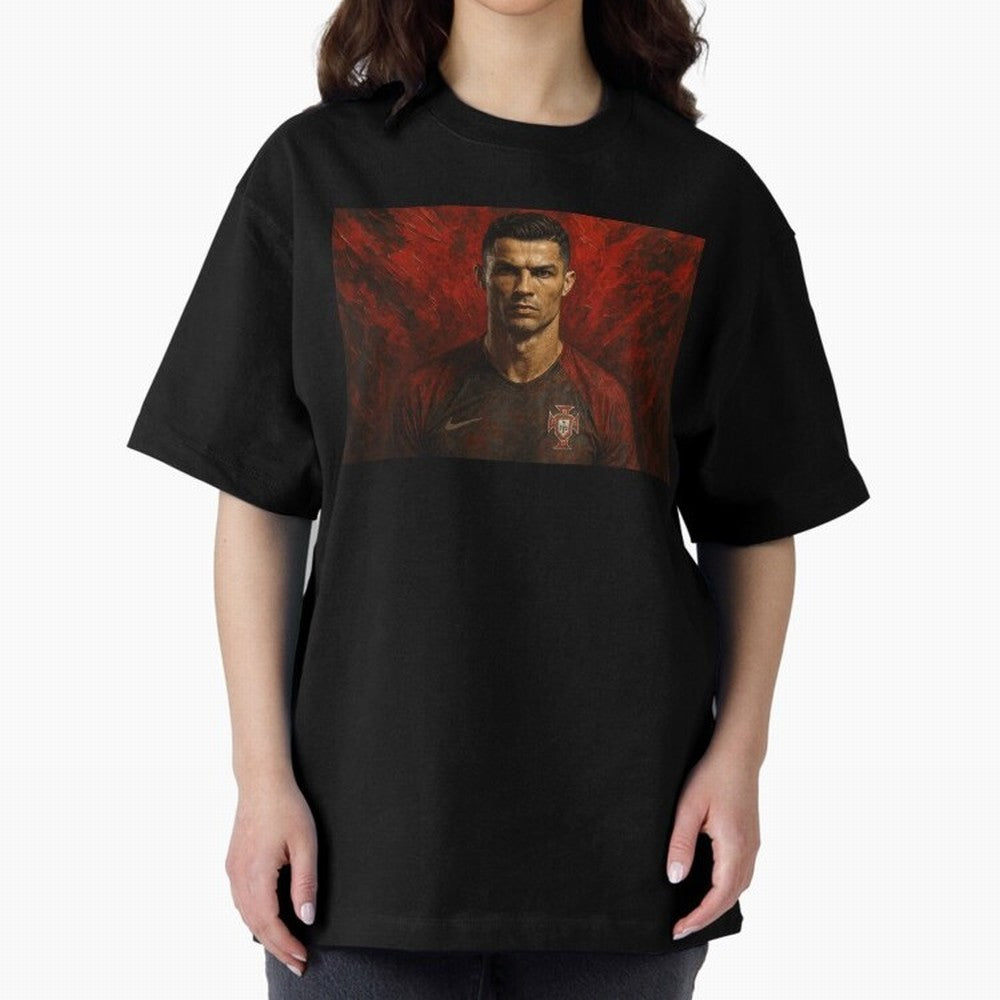 Cristiano Ronaldo Portrait Oversized T-Shirt Honor the Beautiful Game during the FIFA World Cup 2026 Group Stage Journey through CR7 Highlights, France Pride, Vintage Soccer Flavor, Modern Football Stars, National Flags and Final Night Emotion;