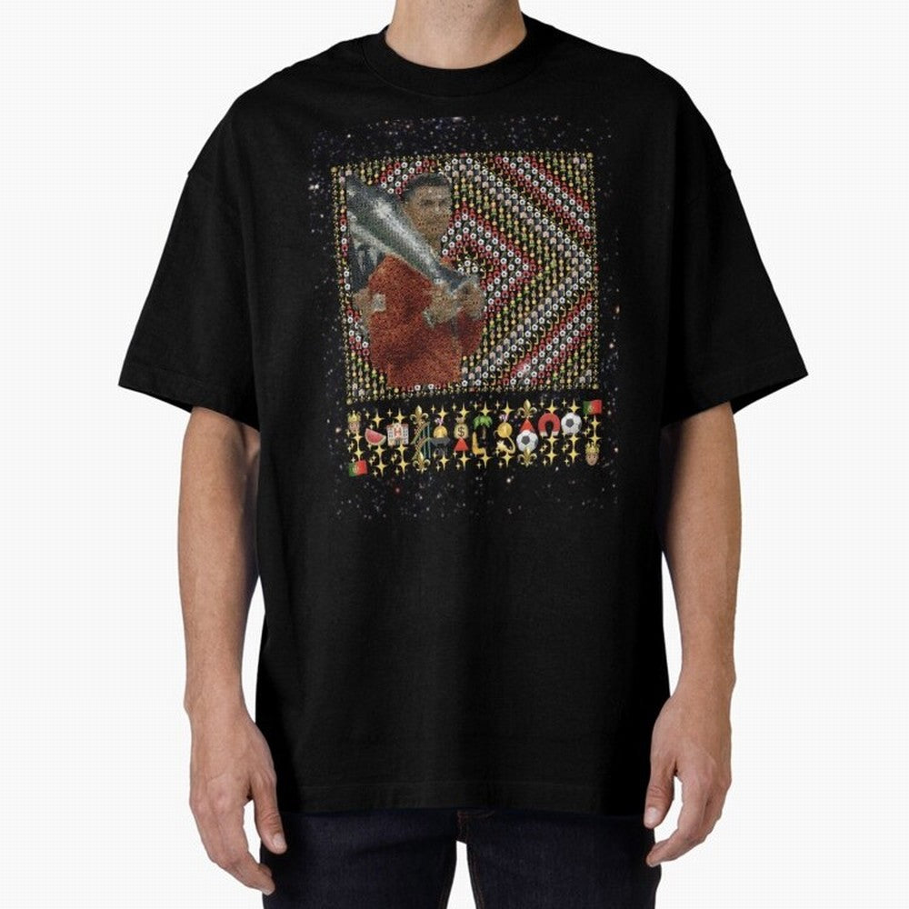 Iconic Emojified Football Legend Holding Victory Trophy | Inspired Art Oversized T-Shirt Stand Out with Spirit from FIFA World Cup 2026 USA Canada Mexico for Fans of Mbappe and Neymar and England, France and Netherlands, Bringing Match Day