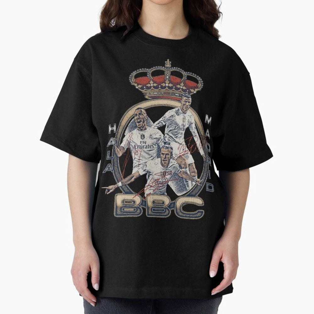 BBC of Real Madrid Oversized T-Shirt Wear the Spirit of FIFA World Cup 2026 Capturing Neymar, Haaland and Cristiano Ronaldo, Portugal, Spain and Germany Energy, Vintage Soccer Flavor, Modern Football Stars, National Flags and Final Night Emotion;