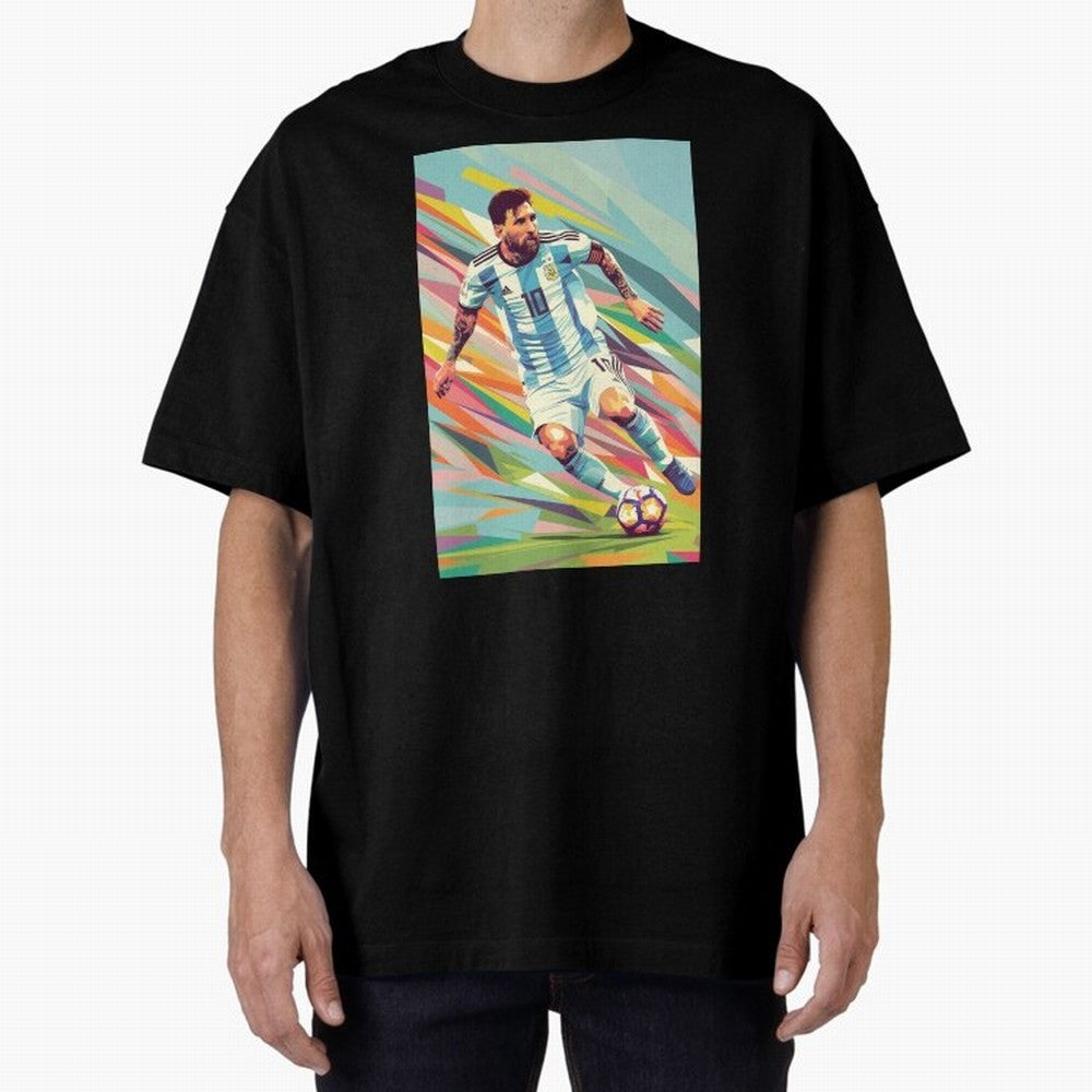 Messi in action Graphic poster design Oversized T-Shirt Share the FIFA World Cup 2026 Group Stage Journey through Mbappe and Neymar Highlights, France and Portugal Pride, Sports Nostalgia, International Competition, Famous Players and Unforgettable