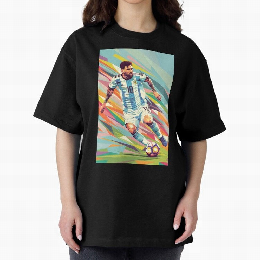 Messi in action Graphic poster design Oversized T-Shirt Share the FIFA World Cup 2026 Group Stage Journey through Mbappe and Neymar Highlights, France and Portugal Pride, Sports Nostalgia, International Competition, Famous Players and Unforgettable