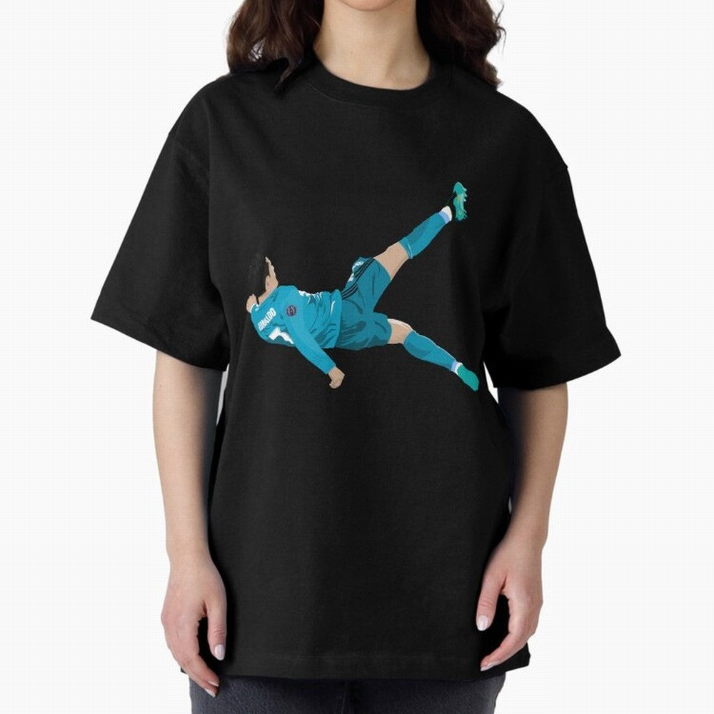 Cristiano Ronaldo Bicycle Kick Oversized T-Shirt Celebrate Supporters United by Global Football Passion for FIFA World Cup 2026, Capturing Neymar, England, Retro Football Energy, Iconic Rivalries, Trophy Chase Drama and Stadium Atmosphere; Perfect
