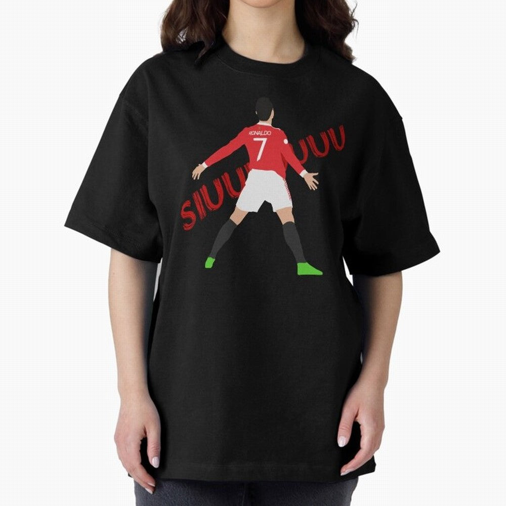 Cristano Ronaldo Celebration Block Art SIUUUU with text Oversized T-Shirt Show Support during FIFA World Cup 2026 Group Stage with Messi, France and Portugal Energy, Classic Soccer Heritage, Championship Pressure, Fan Loyalty and International