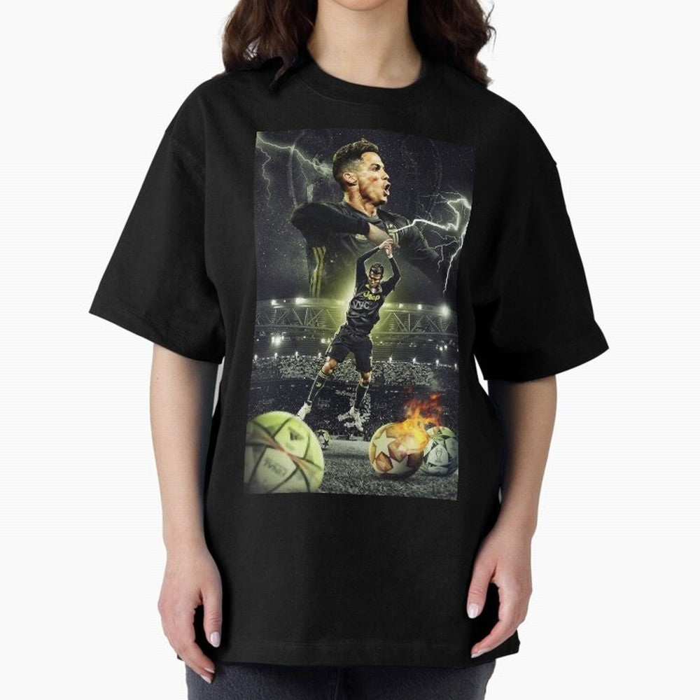 Ronaldo Illustration Oversized T-Shirt Celebrate Unforgettable Nights in FIFA World Cup 2026 Group Stage Spirit, Made for Spain, Mbappe, Championship Spirit, Famous Goals, Roaring Crowds and International Football Unity; Created for Match Day