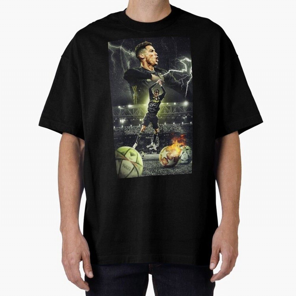 Ronaldo Illustration Oversized T-Shirt Celebrate Unforgettable Nights in FIFA World Cup 2026 Group Stage Spirit, Made for Spain, Mbappe, Championship Spirit, Famous Goals, Roaring Crowds and International Football Unity; Created for Match Day