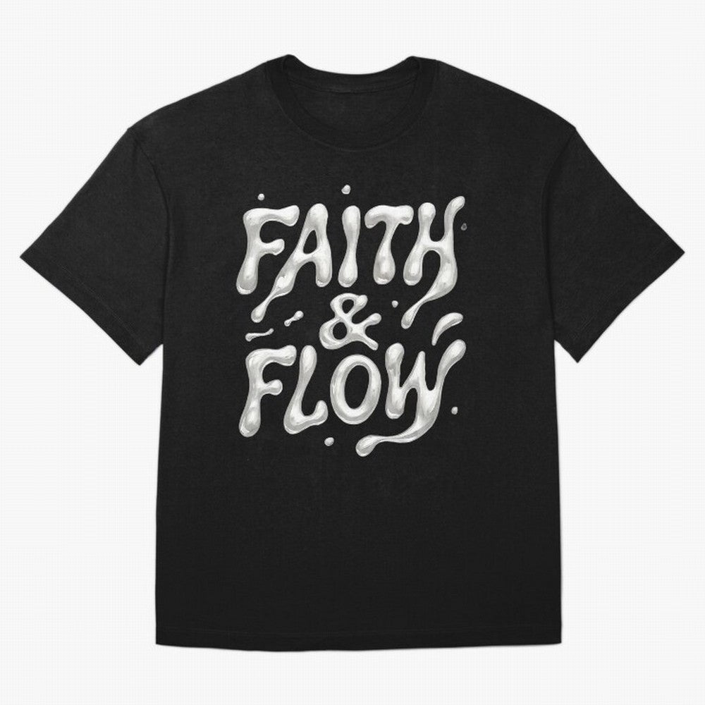 FAITH & FLOW - Liquid Chrome Typography - Urban Christian Oversized T-Shirt Capture FIFA World Cup 2026 Spirit, Made for France and Portugal, Messi and Cristiano Ronaldo, Match Day Excitement, Supporter Culture, Golden Goals and Global Football