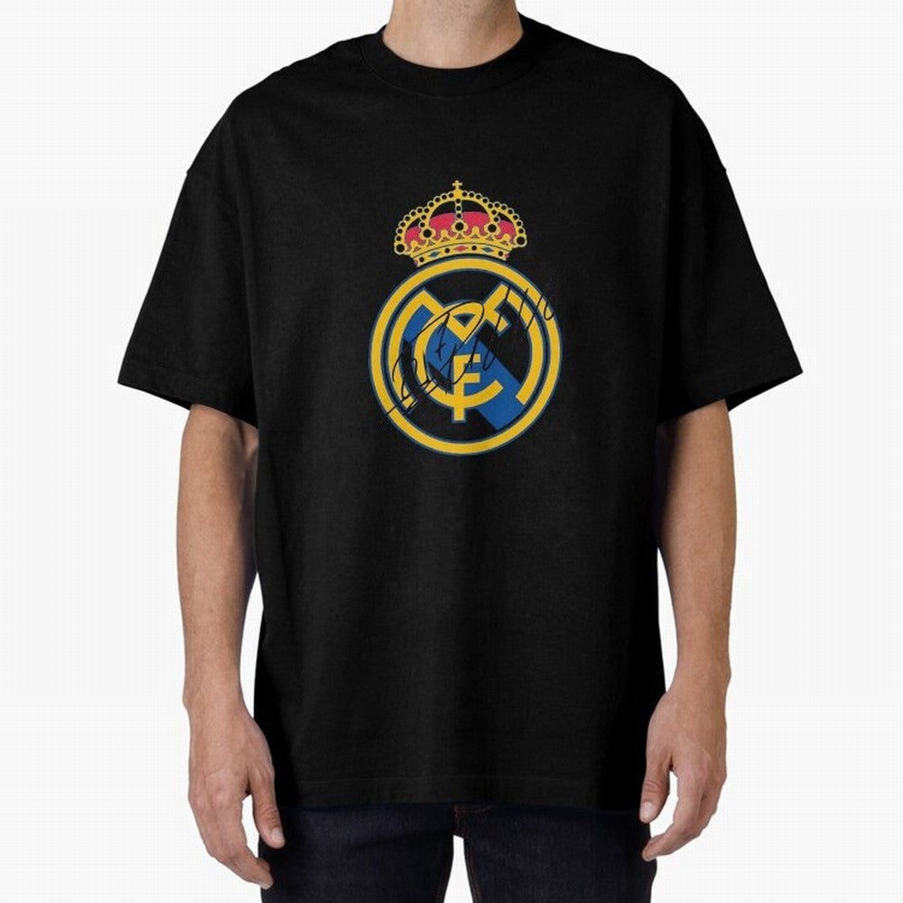 Real Madrid C.F. crest with Cristiano Ronaldo's autograph Oversized T-Shirt Represent Global Football Passion for FIFA World Cup 2026 Group Stage, Highlighting Haaland and Mbappe, England, France and Netherlands, Game Day Rituals, Football Legends,