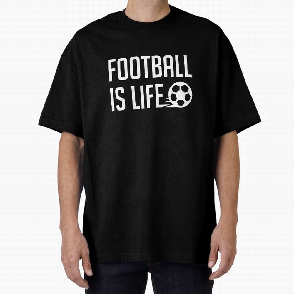 Football Is Life (Red BG) Oversized T-Shirt Follow Every Goal of FIFA World Cup 2026 USA Canada Mexico for Fans of CR7 and England, France and Netherlands, Bringing Championship Spirit, Famous Goals, Roaring Crowds and International Football Unity;