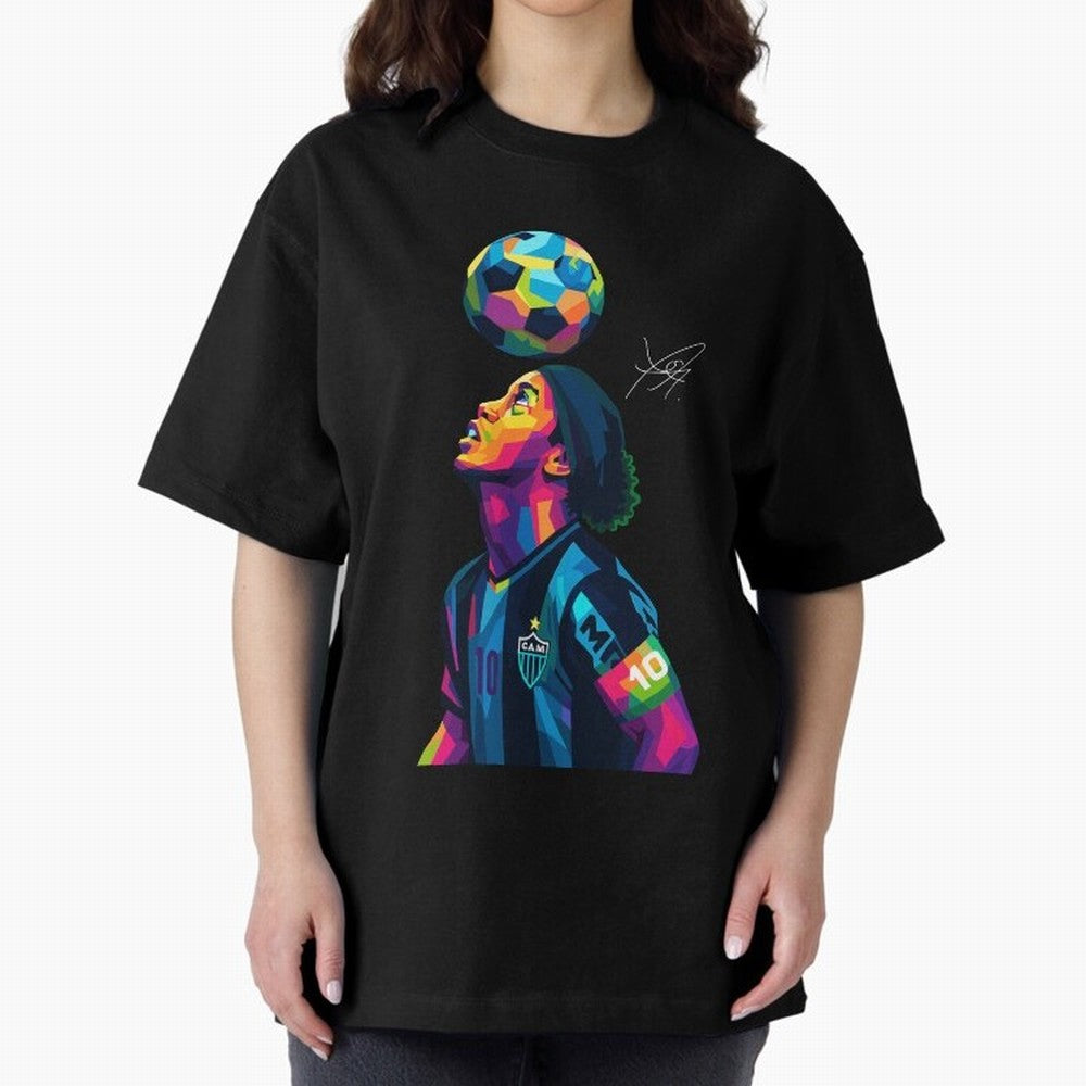 Ronaldinho Wpap Art Oversized T-Shirt Back the Journey through FIFA World Cup 2026 USA Canada Mexico for Fans of Messi, CR7 and Mbappe and England, France and Netherlands, Bringing Soccer Culture, Superstar Moments, National Team Dreams and