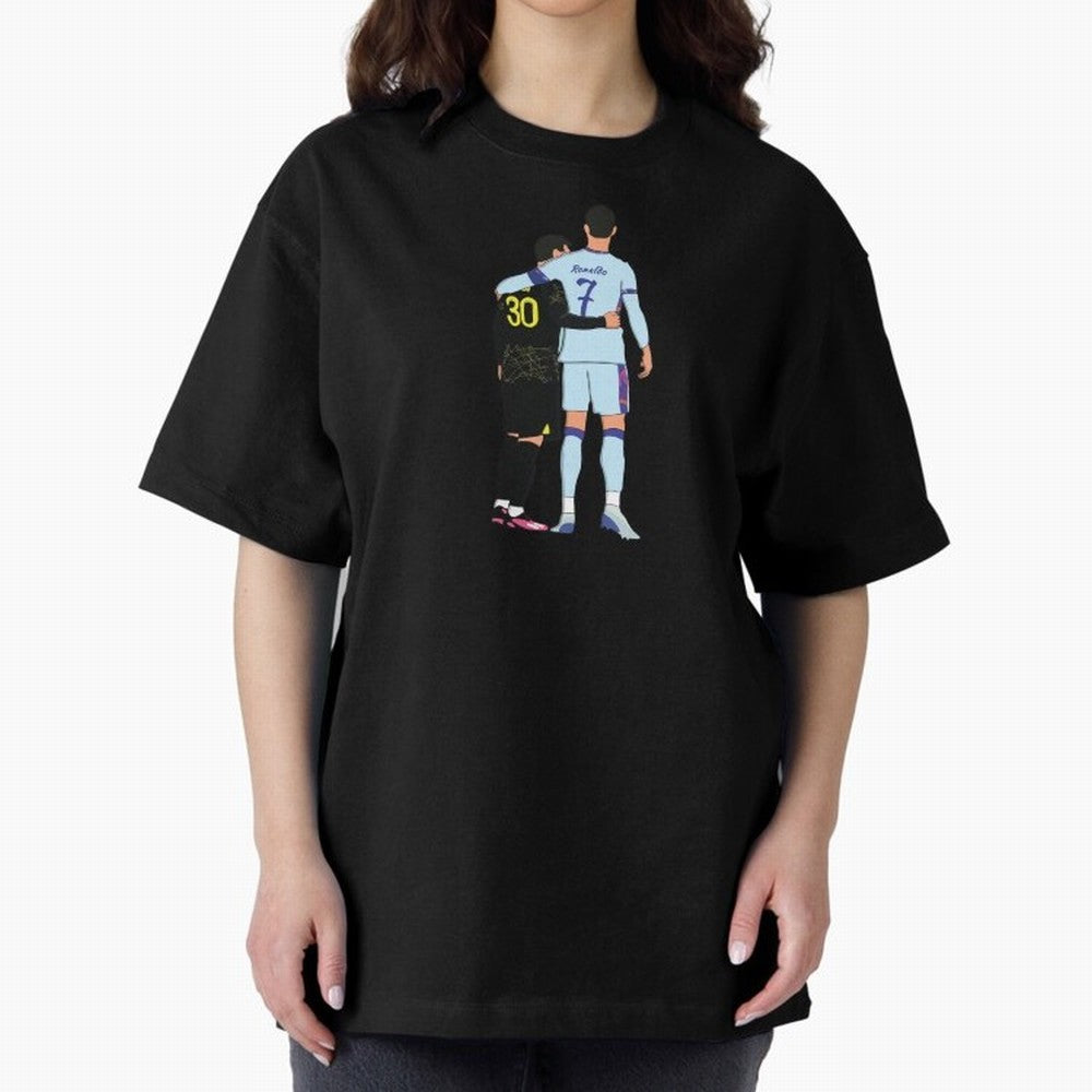 Messi and Ronaldo Reunion Illustration Oversized T-Shirt Showcase FIFA World Cup 2026 Centered on Cristiano Ronaldo, Argentina and Brazil Energy, Classic Soccer Heritage, Championship Pressure, Fan Loyalty and International Pride; Perfect for