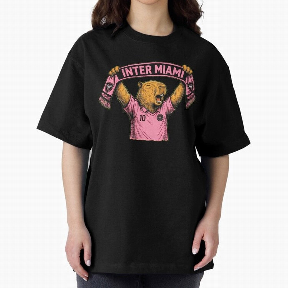 Capybara Inter Miami Fan Celebrating ¨C Funny Soccer Illustration with Scarf Oversized T-Shirt Feel the Roar of Match Day Hype around FIFA World Cup 2026, Messi and Cristiano Ronaldo, Argentina and Brazil, Football History, Final Match Energy,