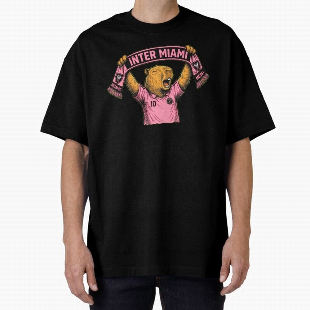 Capybara Inter Miami Fan Celebrating ¨C Funny Soccer Illustration with Scarf Oversized T-Shirt Feel the Roar of Match Day Hype around FIFA World Cup 2026, Messi and Cristiano Ronaldo, Argentina and Brazil, Football History, Final Match Energy,