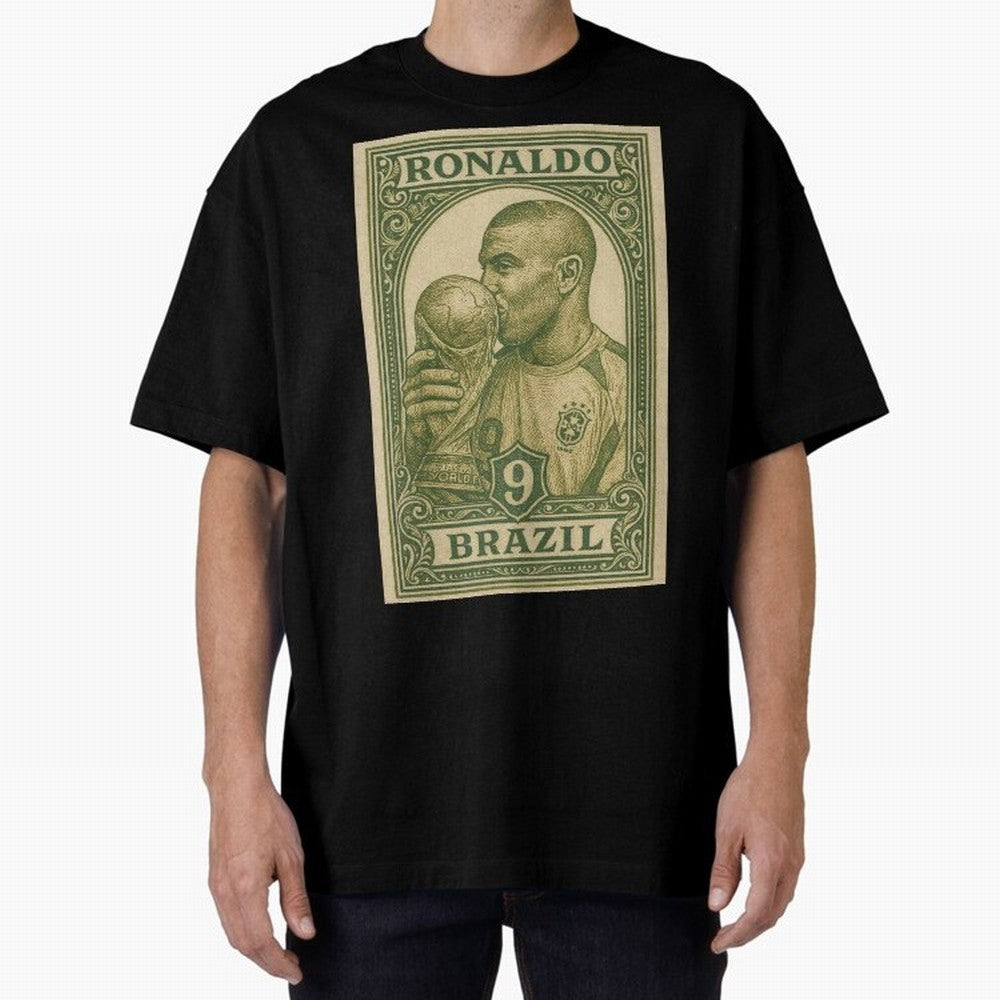 Vintage Brazilian Ronaldo Fenomeno R9 Football Legend Stamp Illustration ¨C Retro Soccer World Cup Art Print Oversized T-Shirt Honor Football Greatness during FIFA World Cup 2026 USA Canada Mexico Made for Neymar, Haaland and Cristiano Ronaldo,