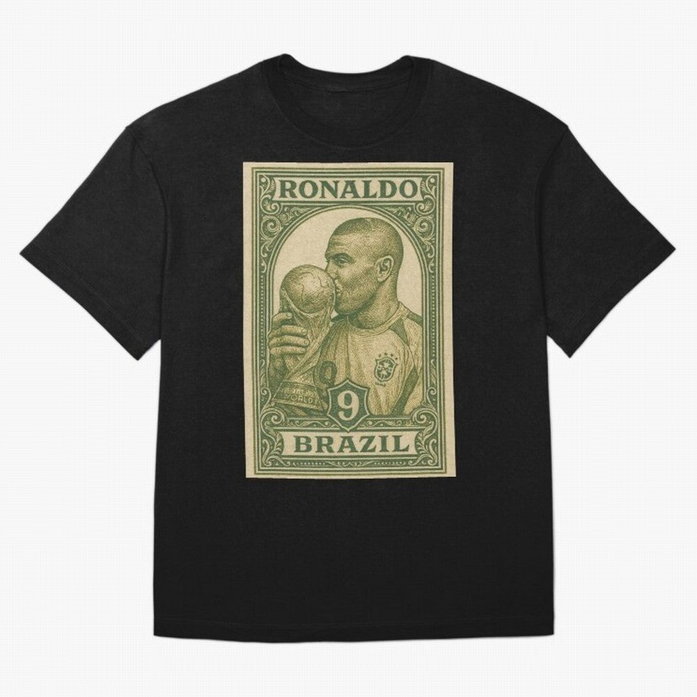 Vintage Brazilian Ronaldo Fenomeno R9 Football Legend Stamp Illustration ¨C Retro Soccer World Cup Art Print Oversized T-Shirt Honor Football Greatness during FIFA World Cup 2026 USA Canada Mexico Made for Neymar, Haaland and Cristiano Ronaldo,