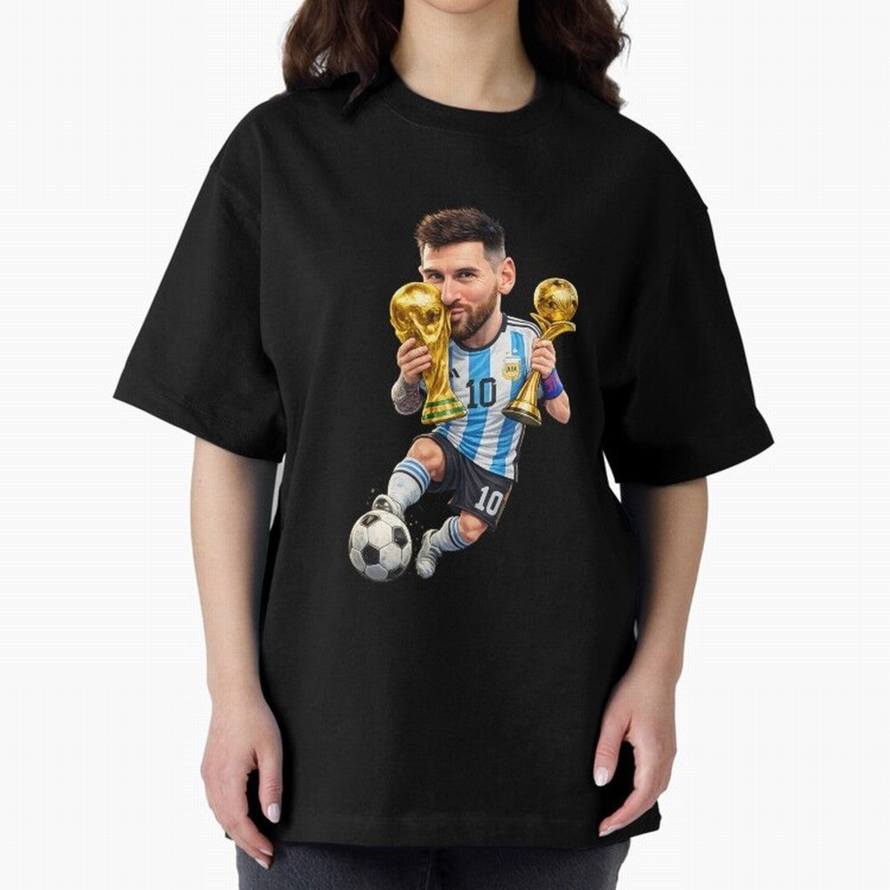 Lionel Messi ¨C Trophy King Caricature Oversized T-Shirt Remember Iconic Moments from the FIFA World Cup 2026 Journey through Haaland Highlights, Brazil Pride, Game Day Rituals, Football Legends, Country Pride and the Road to the Final; Ideal for