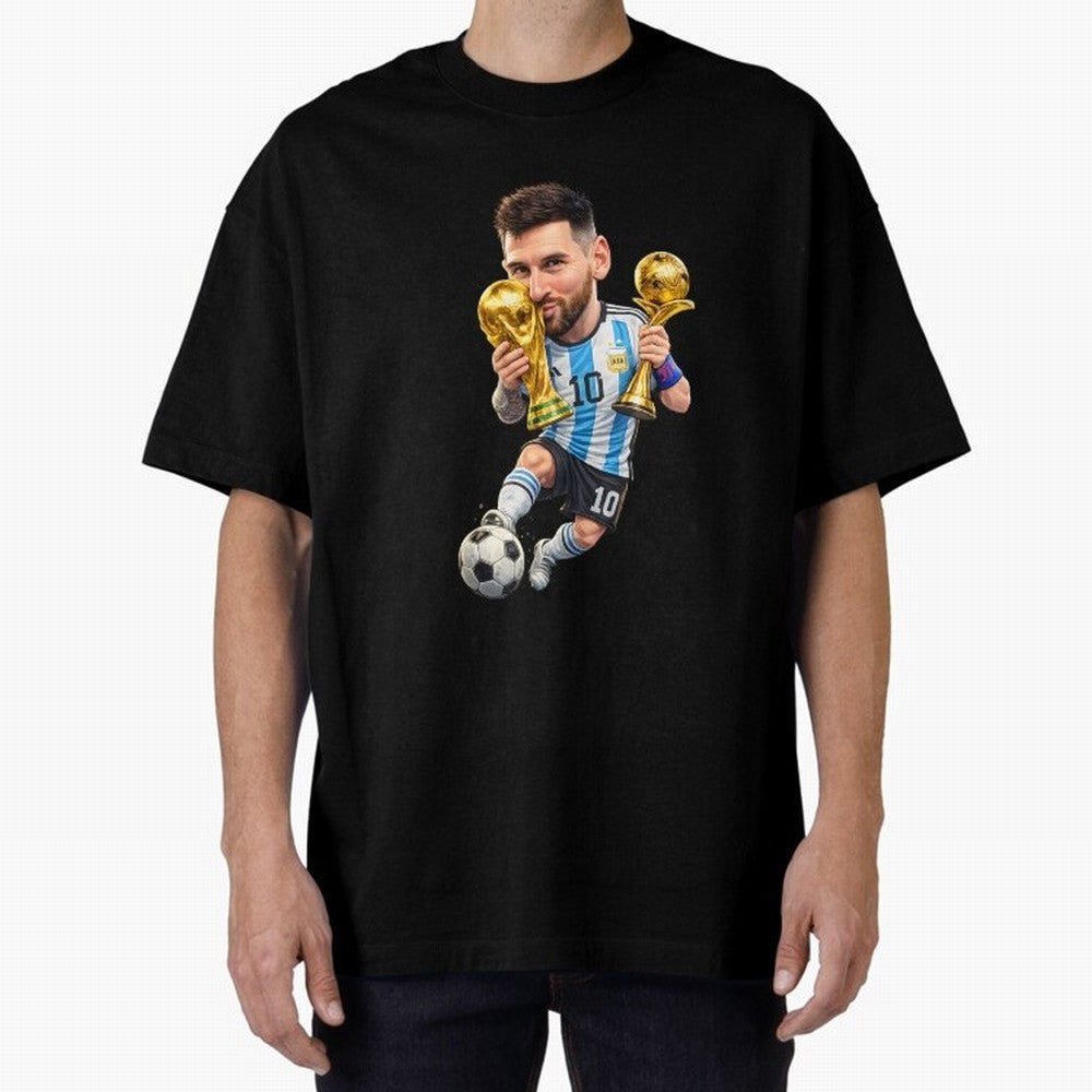 Lionel Messi ¨C Trophy King Caricature Oversized T-Shirt Remember Iconic Moments from the FIFA World Cup 2026 Journey through Haaland Highlights, Brazil Pride, Game Day Rituals, Football Legends, Country Pride and the Road to the Final; Ideal for